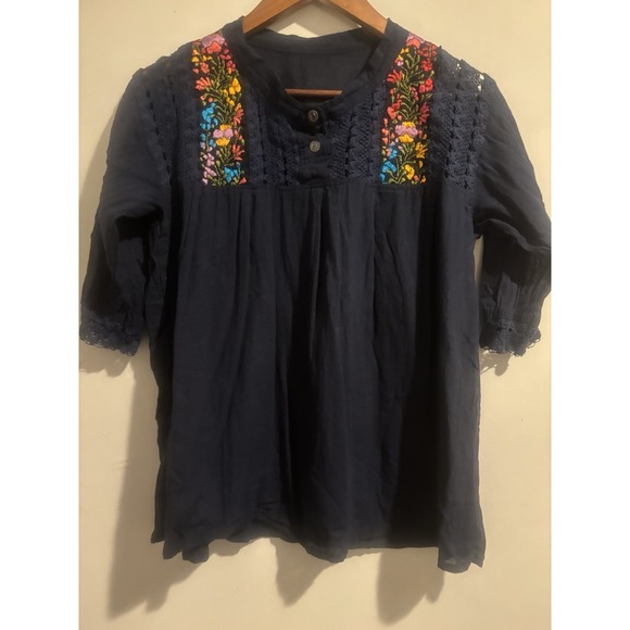 Multi Color‎ Handmade Women's Top Machine Embroidered Floral Boho XS Navy - Picture 1 of 6